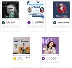Visuels de vignettes de podcasts sur lesquels Adeline Cointe a été interviewée pour présenter le métier d'attachée de presse