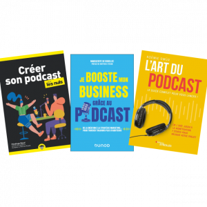 Trois livres sur le podcast aux couvertures noire, bleue et jaune : ressources pour comprendre comment les podcasteurs choisissent leurs invités