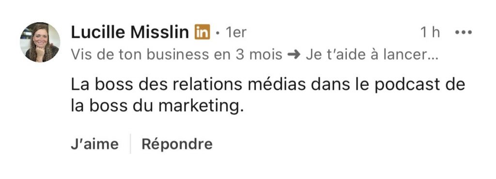 Lucille Misslin félicite Adeline d'avoir transformé ses interviews podcasts en véritable outil d'influence, la qualifiant de boss des relations médias