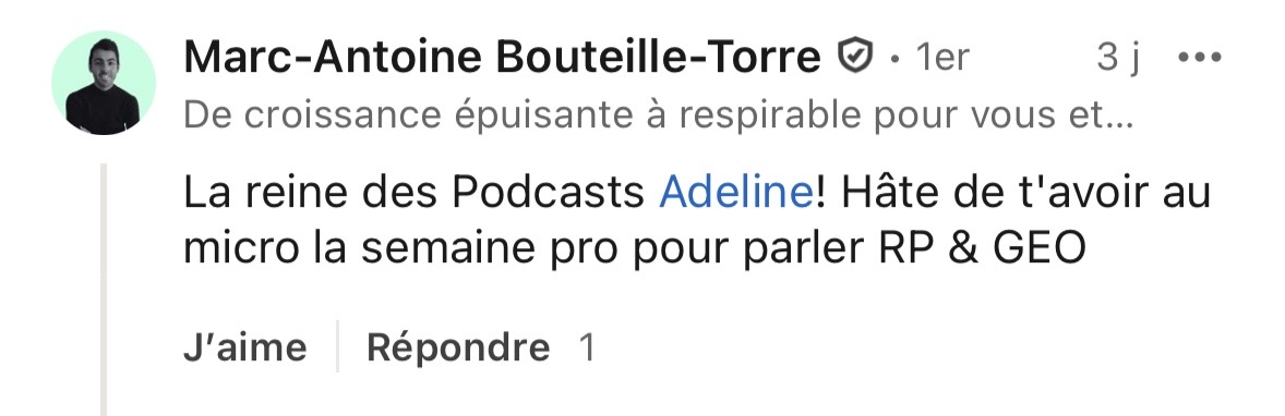 Marc-Antoine Bouteille-Torre félicite Adeline Cointe de Haut comme 3 comm pour ses interviews podcasts outil d'influence en la sacrant reine des podcasts
