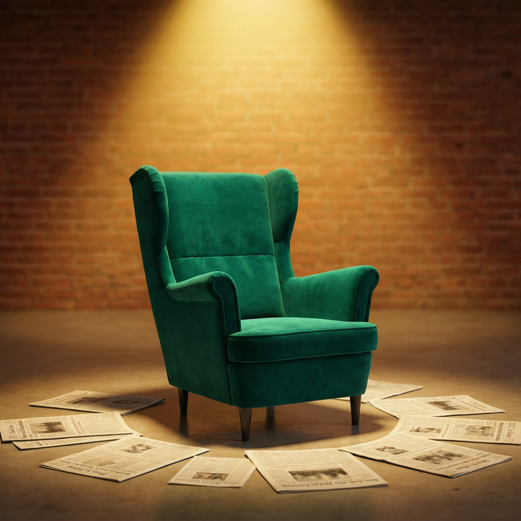 Siège vide vert type Qui veut être mon associé ?, et avec des articles de presse partout autour du fauteuil qui est dans la lumière