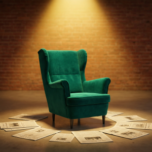 Siège vide vert type Qui veut être mon associé ?, et avec des articles de presse partout autour du fauteuil qui est dans la lumière