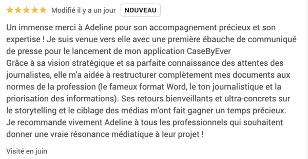 Cinq étoiles dorées pour Adeline, dont l'expertise aide à convaincre les journalistes avec un bon communiqué, selon une cliente enthousiaste