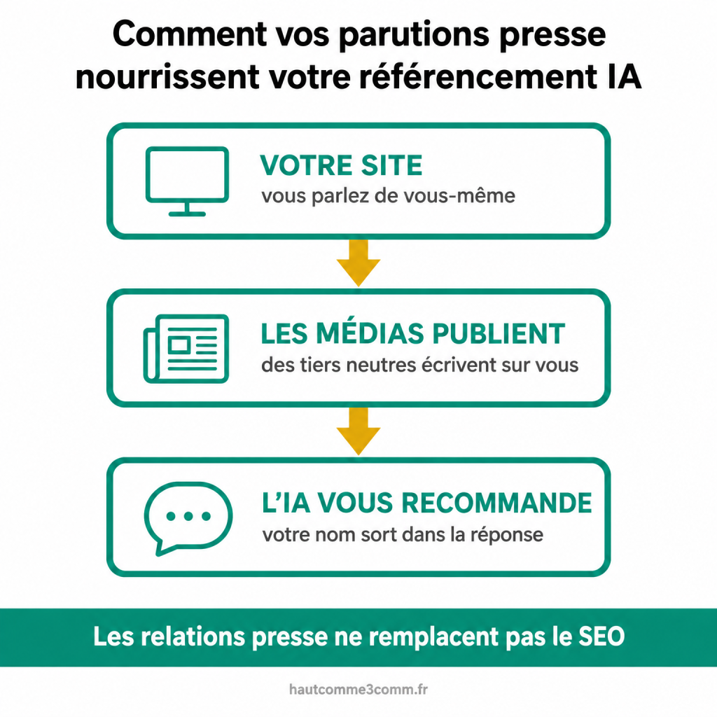 Référencement IA grâce aux relations presse : schéma montrant un site cité par des médias, puis recommandé par l’intelligence artificielle